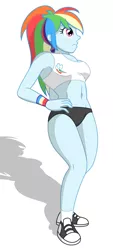 Size: 1103x2440 | Tagged: suggestive, artist:sumin6301, derpibooru import, rainbow dash, equestria girls, armpits, belly button, breasts, clothes, hand on hip, sexy, shoes, shorts, sneakers, socks, sports bra, sports panties, sports shorts, sultry pose, tomboy, wristband