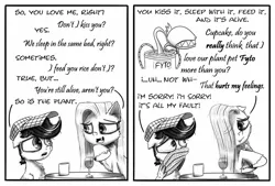 Size: 1024x693 | Tagged: safe, artist:chopsticks, derpibooru import, pinkie pie, oc, oc:chopsticks, earth pony, pegasus, comic:wtb is this?, alcohol, canon x oc, cheek fluff, chest fluff, comic, crying, cup, dialogue, ear fluff, fangs, female, floppy ears, glass, hat, hoof fluff, male, mare, negging, pinkamena diane pie, plant, stallion, stockholm syndrome, table, text, venus flytrap, wine, wine glass, wing hands, wings