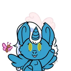 Size: 512x512 | Tagged: safe, artist:ampharos-shock, derpibooru import, oc, oc:fleurbelle, alicorn, butterfly, adorabelle, alicorn oc, bow, cheek fluff, chest fluff, chibi, cute, ear fluff, female, hair bow, horn, mare, shoulder fluff, simple background, tongue out, transparent background, waving, wings, yellow eyes