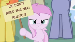 Size: 1440x806 | Tagged: safe, artist:forgalorga, derpibooru import, piña colada, earth pony, pony, angry, angry colada, dexterous hooves, female, filly, foal, frown, hoof hold, sign, solo, solo focus, we don't need the new ruler