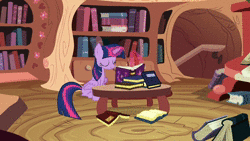 Size: 1280x720 | Tagged: safe, derpibooru import, edit, edited screencap, screencap, twilight sparkle, twilight sparkle (alicorn), alicorn, pony, testing testing 1-2-3, animated, bed, book, bookshelf, desk, friendship journal, golden oaks library, journal, loop, magic, music, quill, reversed, sitting, smiling, sound, staircase, table, telekinesis, tree, webm, writing, zoom in, zoom out