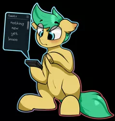 Size: 1949x2048 | Tagged: safe, artist:perezadotarts, derpibooru import, oc, oc:pen sketchy, earth pony, pony, blushing, hooves, phone, simple background, sitting, solo, text