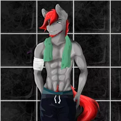 Size: 3000x3000 | Tagged: abs, anthro, artist:dainoth, bandage, clothes, derpibooru import, ear piercing, eyebrow piercing, lip piercing, muscles, oc, oc:blaze, partial nudity, piercing, safe, sweat, topless, treasure trail, unofficial characters only, workout