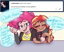 Size: 1600x1300 | Tagged: artist:ask-sunpie, artist:wimsie, ask, bisexual pride flag, cute, derpibooru import, female, human, humanized, lesbian, pinkie pie, pride, pride flag, safe, shipping, sunsetpie, sunset shimmer, tumblr:ask sunpie