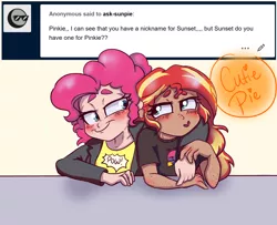 Size: 1600x1300 | Tagged: artist:ask-sunpie, artist:wimsie, bisexual pride flag, cute, derpibooru import, female, human, humanized, lesbian, pinkie pie, pride, pride flag, safe, shipping, sunsetpie, sunset shimmer, tumblr:ask sunpie