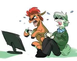 Size: 1113x881 | Tagged: safe, artist:anticular, derpibooru import, oc, oc:anticular, oc:pixel grip, unofficial characters only, anthro, pony, unicorn, crying, duo, furry, gaming, sitting, television, yelling