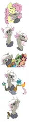 Size: 700x2937 | Tagged: safe, artist:celestial-rainstorm, derpibooru import, fluttershy, oc, oc:athena, earth pony, hybrid, pony, unicorn, bag, chocolate, comic, female, fire, food, interspecies offspring, magic, mare, offspring, parent:discord, parent:fluttershy, parents:discoshy, rock, saddle bag, simple background, water, white background