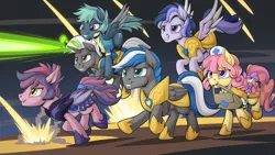 Size: 2560x1440 | Tagged: safe, artist:mysticalpha, derpibooru import, oc, oc:cloud zapper, oc:scope, oc:star catcher, oc:storm surge, oc:topstitch, bat pony, pegasus, pony, unicorn, armor, bat pony oc, bat wings, battlefield, female, male, mare, nurse, royal guard, royal guard armor, stallion, wings