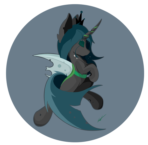 Size: 3864x3784 | Tagged: artist:groomlake, changeling, changeling queen, circle background, crown, curved horn, derpibooru import, eyes closed, female, horn, jewelry, love, mare, queen chrysalis, regalia, safe, simple, simple background, solo, spots, spread wings, white background, wings