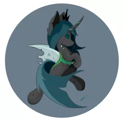 Size: 3864x3784 | Tagged: artist:groomlake, changeling, changeling queen, circle background, crown, curved horn, derpibooru import, eyes closed, female, horn, jewelry, love, mare, queen chrysalis, regalia, safe, simple, simple background, solo, spots, spread wings, white background, wings