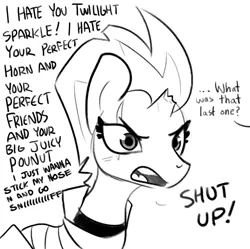 Size: 3463x3450 | Tagged: suggestive, artist:tjpones, derpibooru import, edit, part of a set, tempest shadow, pony, unicorn, ..., armor, blushing, broken horn, cute, dialogue, female, grayscale, horn, implied lesbian, implied motorboating, implied shipping, implied tempestlight, implied twilight sparkle, mare, monochrome, offscreen character, scar, simple background, solo, tempestbetes, tsundere, tsundere shadow, white background