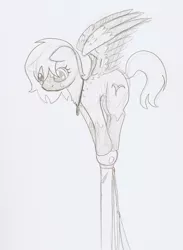 Size: 1009x1376 | Tagged: safe, artist:ravenpuff, deleted from derpibooru, derpibooru import, oc, oc:rowena, pegasus, pony, female, mare, monochrome, pole, solo, traditional art