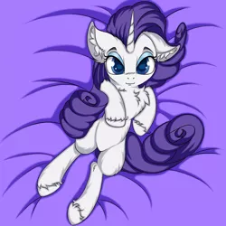 Size: 2500x2500 | Tagged: safe, artist:rurihal, derpibooru import, rarity, pony, unicorn, :3, bed, blue eyes, blue eyeshadow, chest fluff, cute, ear fluff, eyebrows, eyeshadow, featureless crotch, female, fluffy, grin, hoof fluff, lidded eyes, looking at you, makeup, raribetes, smiling, smiling at you, solo, this will end in cuddles