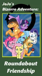 Size: 1080x1920 | Tagged: safe, artist:zettaidullahan, derpibooru import, applejack, fluttershy, pinkie pie, rainbow dash, rarity, twilight sparkle, twilight sparkle (alicorn), ponified, alicorn, earth pony, pegasus, pony, unicorn, apple, bandaid, crossover, fanfic art, female, food, hat, hoof hold, jojo's bizarre adventure, male, mane six, mare, smiling, stallion, sweat