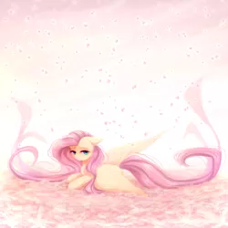 Size: 2000x2000 | Tagged: safe, artist:avrameow, derpibooru import, fluttershy, pegasus, pony, cute, digital art, female, floppy ears, flower petals, looking at you, mare, prone, shyabetes, solo, spread wings, three quarter view, wings