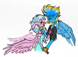 Size: 1479x1085 | Tagged: safe, artist:mysteriousshine, derpibooru import, gallus, silverstream, anthro, gryphon, hippogriff, blushing, clothes, dress, female, gallstream, male, shipping, speedpaint available, straight