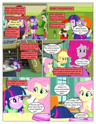 Size: 612x792 | Tagged: safe, artist:greatdinn, artist:newbiespud, derpibooru import, edit, edited screencap, screencap, applejack, crimson napalm, fluttershy, nolan north, paisley, pinkie pie, spike, watermelody, dog, comic:friendship is dragons, equestria girls, equestria girls (movie), backpack, beret, book, clothes, collaboration, comic, computer, confused, cutie mark, cutie mark on clothes, dialogue, facedesk, female, freckles, hat, incomplete twilight strong, laughing, library, locker, male, sad, screencap comic, spike the dog, worried