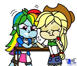 Size: 892x770 | Tagged: safe, artist:tommychipmunk, derpibooru import, applejack, rainbow dash, equestria girls, apple, appledash, arm wrestling, eating, female, food, lesbian, shipping, strong