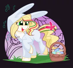 Size: 2048x1918 | Tagged: safe, artist:cadetredshirt, derpibooru import, oc, oc:hollie, unofficial characters only, butterfly, earth pony, pony, animal costume, basket, bunny costume, bunny ears, clothes, commission, costume, digital art, easter, easter basket, easter bunny, holiday, music notes, simple background, smiling, solo, walking, ych result