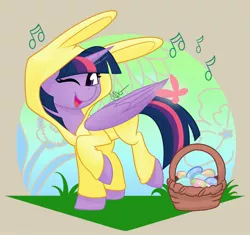 Size: 2565x2414 | Tagged: safe, artist:cadetredshirt, derpibooru import, twilight sparkle, twilight sparkle (alicorn), alicorn, butterfly, pony, animal costume, basket, bunny costume, bunny ears, clothes, commission, costume, cute, digital art, easter, easter basket, easter egg, female, high res, holiday, horn, looking at you, mare, music notes, one eye closed, simple background, singing, solo, twiabetes, walking, wings, wink, ych result, your character here