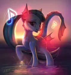 Size: 2903x3052 | Tagged: safe, artist:xbi, derpibooru import, sonata dusk, half-siren, hybrid, original species, pony, beach, ear fins, female, fin wings, looking at you, music, music notes, ocean, raised hoof, singing, species swap, sunset, water, wings