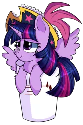 Size: 4000x6000 | Tagged: safe, artist:rainbowtashie, derpibooru import, twilight sparkle, twilight sparkle (alicorn), alicorn, pony, bucket, captain twilight, cheek fluff, chest fluff, commission, cup, cup of pony, cute, female, fluffy, hat, hay, hoof fluff, looking at someone, looking at something, micro, pirate hat, pirate twilight, simple background, solo, spread wings, tiny, tiny ponies, transparent background, twiabetes, wings