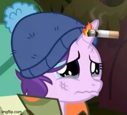 Size: 348x316 | Tagged: safe, derpibooru import, edit, edited screencap, editor:useraccount, screencap, starlight glimmer, pony, unicorn, the mean 6, abuse, burning, cigarette, cropped, crying, female, fire, glimmerbuse, hat, mare, scratches, solo, teary eyes, wavy mouth