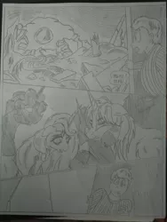 Size: 1944x2592 | Tagged: semi-grimdark, artist:princebluemoon3, author:bigonionbean, derpibooru import, oc, oc:king calm merriment, oc:king speedy hooves, oc:queen galaxia, oc:tommy the human, alicorn, human, pony, comic:the chaos within us, alicorn oc, alicorn princess, background pony, barrier, beaten up, black and white, canterlot, canterlot castle, clothes, comic, commissioner:bigonionbean, crater, cutie mark, dialogue, drawing, dream, female, fusion, fusion:king calm merriment, fusion:king speedy hooves, fusion:queen galaxia, grayscale, horn, horrified, human oc, husband and wife, magic, male, mare, monochrome, night, nightmare, random pony, royalty, rubble, sad, shocked, stallion, throne room, tired, traditional art, wings