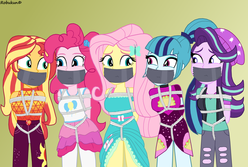 Size: 3700x2500 | Tagged: questionable, artist:robukun, derpibooru import, fluttershy, pinkie pie, sonata dusk, starlight glimmer, sunset shimmer, equestria girls, equestria girls series, sunset's backstage pass!, spoiler:eqg series (season 2), beanie, bondage, bound and gagged, clothes, crotch rope, dress, duct tape, female, gag, hat, minidress, pants, pantyhose, quintet, ripped pants, rope, rope bondage, taco dress, tape, tape gag, tied up