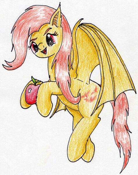 Size: 1625x2058 | Tagged: safe, artist:40kponyguy, derpibooru import, fluttershy, bat pony, apple, bat ponified, cute, cute little fangs, fangs, female, flutterbat, flying, food, hoof hold, mare, race swap, solo, traditional art