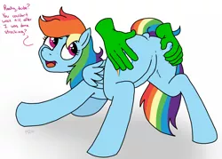 Size: 2100x1500 | Tagged: suggestive, artist:pony quarantine, derpibooru import, rainbow dash, oc, oc:anon, human, pegasus, pony, 2 handfuls of dat ass, ass up, butt, butt touch, cobra stretch, dialogue, disembodied hand, dock, duo, featureless crotch, female, female focus, grope, hand, image, iwtcird, looking back, mare, meme, offscreen character, plot, png, rainbutt dash, rear view, simple background, solo focus, stretching, text, white background