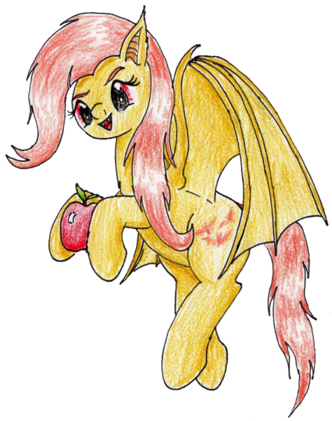 Size: 1409x1785 | Tagged: safe, artist:40kponyguy, derpibooru import, edit, editor:binkyt11, fluttershy, bat pony, villains of equestria collab, apple, bat ponified, cute, cute little fangs, fangs, female, flutterbat, flying, food, hoof hold, mare, race swap, simple background, solo, traditional art, transparent background