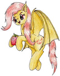 Size: 1409x1785 | Tagged: safe, artist:40kponyguy, derpibooru import, edit, editor:binkyt11, fluttershy, bat pony, villains of equestria collab, apple, bat ponified, cute, cute little fangs, fangs, female, flutterbat, flying, food, hoof hold, mare, race swap, simple background, solo, traditional art, transparent background