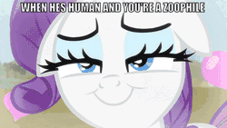 Size: 500x281 | Tagged: animated, bestiality, blushing, blush sticker, caption, derpibooru import, edit, edited screencap, fetish, floppy ears, gif, gif with captions, heart, image macro, interspecies, meme, rarity, screencap, simple ways, smiling, solo, suggestive, text, zoom, zoophilia