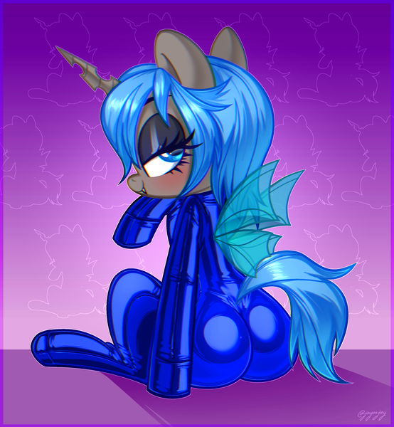 Size: 2400x2600 | Tagged: artist:jay-onjey, artist:metalface069, ass, bedroom eyes, blue changeling, butt, changeling, changeling queen, changeling queen oc, commission, derpibooru import, eyelashes, female, latex, latex suit, looking at you, looking back, looking back at you, oc, oc:caulifla, safe, sitting, solo, ych result