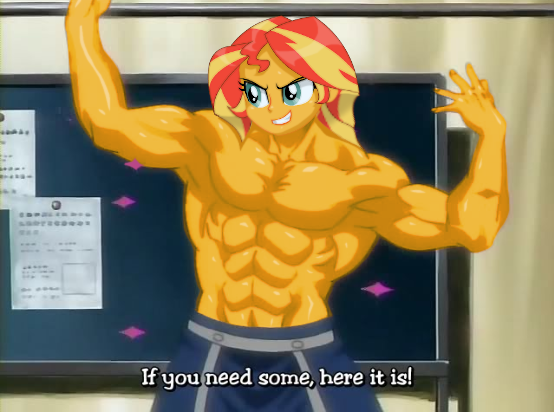 Size: 554x412 | Tagged: questionable, derpibooru import, edit, sunset shimmer, equestria girls, abs, caption, clothes, crossover, female, flexing, fullmetal alchemist, genderless, image macro, indoors, muscles, muscular female, nippleless, partial nudity, pecs, photoshop, shiny skin, shitposting, smiling, solo, text, topless