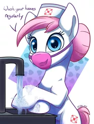 Size: 1500x1974 | Tagged: safe, artist:tsitra360, derpibooru import, nurse redheart, earth pony, pony, bipedal, coronavirus, covid-19, dialogue, face mask, faucet, female, hat, heart, looking at you, mare, nurse hat, public service announcement, soap, solo, surgical mask, talking to viewer, water