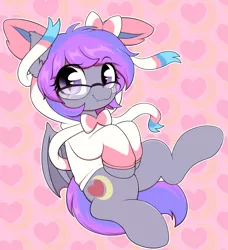 Size: 2241x2455 | Tagged: safe, artist:moozua, derpibooru import, oc, bat pony, sylveon, clothes, cute, cute little fangs, fangs, glasses, heart, heart background, hoodie, looking at you, pokémon, slit eyes, slit pupils, solo, sweater