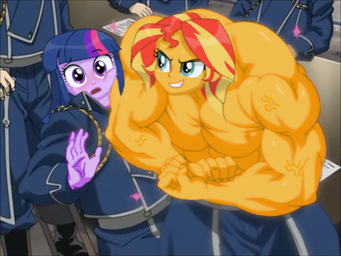 Size: 480x360 | Tagged: safe, derpibooru import, edit, sunset shimmer, twilight sparkle, human, equestria girls, blushing, caption, clothes, crossover, female, flexing, fullmetal alchemist, genderless, multiple characters, muscles, muscular female, nervous, nippleless, partial nudity, pecs, photoshop, shitposting, text, topless, uniform