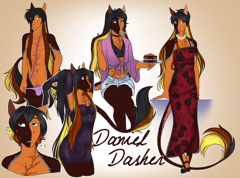 Size: 3915x2897 | Tagged: questionable, artist:blackblood-queen, derpibooru import, oc, oc:daniel dasher, unofficial characters only, anthro, dracony, dragon, hybrid, pony, unguligrade anthro, anthro oc, armpits, cake, clothes, cloven hooves, crossdressing, crotch bulge, digital art, dress, eyeshadow, female, femboy, food, leonine tail, lipstick, makeup, male, panties, pink underwear, red dress, scar, solo, solo male, stallion, teasing, underwear, wingless, wingless anthro