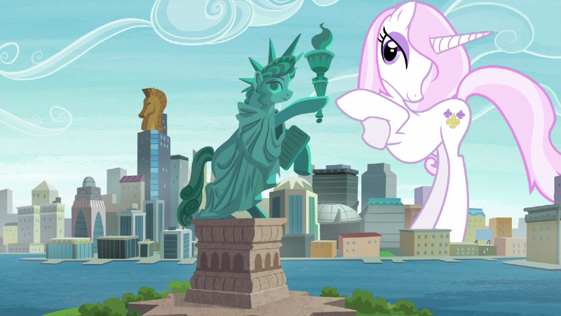 Size: 854x480 | Tagged: safe, derpibooru import, fleur-de-lis, pony, unicorn, background pony, bipedal, building, city, cityscape, crystaller building, female, friendship island, giant pony, giantess, macro, manehattan, mare, mega giant, rearing, statue of friendship