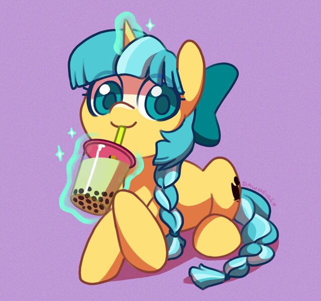 Size: 2025x1901 | Tagged: safe, artist:dawnfire, derpibooru import, part of a set, oc, oc:ducky ink, unofficial characters only, unicorn, bubble tea, cup, drink, drinking, drinking straw, glowing horn, horn, looking at you, lying down, purple background, simple background, solo, unicorn oc