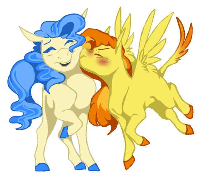 Size: 836x754 | Tagged: safe, artist:parrpitched, deleted from derpibooru, derpibooru import, sapphire shores, spitfire, earth pony, pegasus, pony, blushing, crack shipping, eyes closed, female, kiss on the cheek, kissing, lesbian, open mouth, sapphfire, shipping, simple background, transparent background, unshorn fetlocks