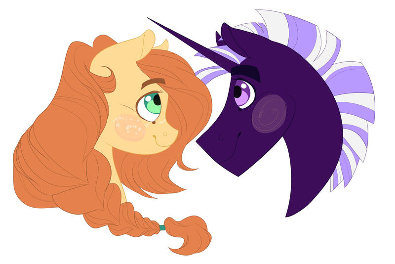 Size: 2480x1654 | Tagged: safe, artist:rainbowfactory20, derpibooru import, oc, oc:oasis (sdlhf), oc:valerian, earth pony, pony, unicorn, braid, bust, female, freckles, gift art, green eyes, looking at each other, male, mare, oc x oc, offspring, offspring shipping, parent:big macintosh, parent:flash sentry, parent:fluttershy, parent:twilight sparkle, parents:flashlight, parents:fluttermac, purple eyes, shipping, simple background, stallion, white background