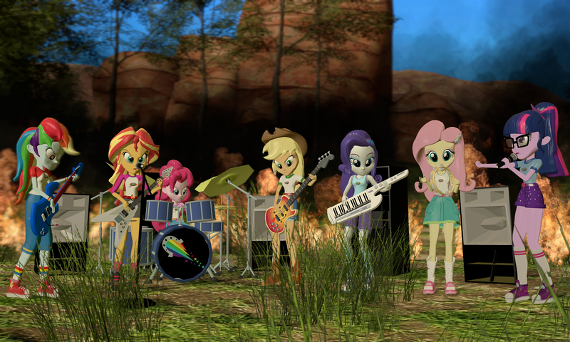 Size: 5120x3072 | Tagged: safe, artist:n3onh100, derpibooru import, applejack, fluttershy, pinkie pie, rainbow dash, rarity, sci-twi, sunset shimmer, twilight sparkle, equestria girls, 3d, a day to remember, bass guitar, camp everfree outfits, drums, fire, gmod, guitar, humane five, humane seven, humane six, keytar, microphone, musical instrument, speakers, tambourine, the rainbooms, tree