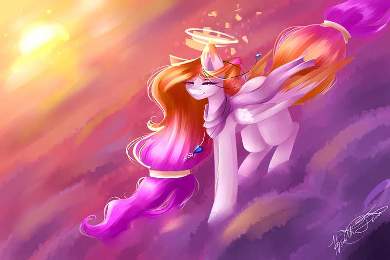 Size: 1024x683 | Tagged: safe, artist:purediamond360, derpibooru import, oc, oc:angel light, pegasus, pony, clothes, cloud, female, flying, halo, mare, scarf, solo