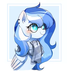Size: 1040x1101 | Tagged: safe, artist:riukime, derpibooru import, oc, oc:skyla blue, unofficial characters only, pegasus, pony, bust, clothes, digital art, female, glasses, mare, original character do not steal, portrait, scarf, simple background, solo, white background