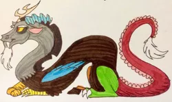 Size: 2567x1527 | Tagged: artist:ninetailedfoxfox, derpibooru import, discord, draconequus, lying down, male, markers, safe, solo, traditional art
