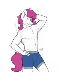 Size: 1842x2178 | Tagged: anthro, armpits, artist:anotherbronyartist, chest fluff, clothes, clydesdale, derpibooru import, looking at you, male, oc, oc:dr.heart, one eye closed, partial nudity, smiling, solo, solo male, suggestive, topless, underwear bulge, wink
