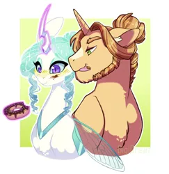 Size: 2415x2484 | Tagged: safe, artist:halajackson, derpibooru import, oc, oc:cuppa joe, oc:princess iridescence, unofficial characters only, changepony, hybrid, pony, unicorn, pandoraverse, blushing, chocolate, donut, female, floppy ears, food, glowing horn, horn, interspecies offspring, levitation, magic, magical lesbian spawn, male, man bun, mare, oc x oc, offspring, parent:cinnamon chai, parent:donut joe, parent:princess celestia, parent:queen chrysalis, parents:chryslestia, parents:cinnamon donut, shipping, sideburns, stallion, star (coat marking), story included, telekinesis